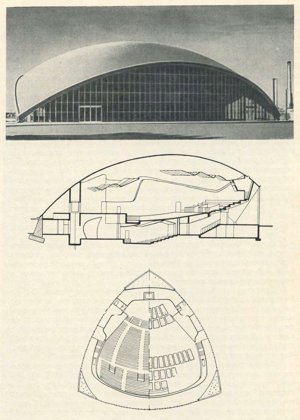 Аудитория Массачусетского технологического института. 1955 г. Общий вид, разрез и план